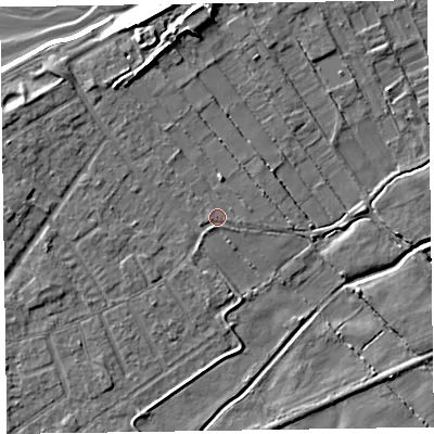 Shaded relief map of the ground around CH477BE, computed from Environment Agency LiDAR. The ground here sits at about 5 m above sea level and falls 9 m across the surrounding 800 m. Surface water reaching this point runs off ground lying to the north, 4.4 m higher.