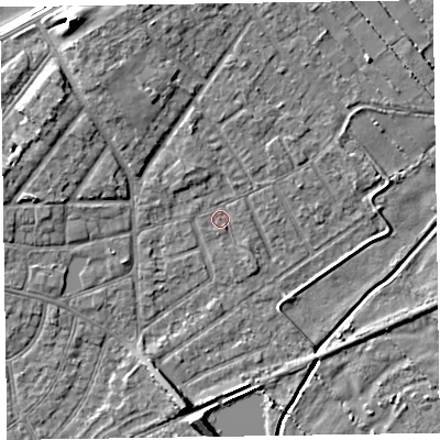 Shaded relief map of the ground around CH477BG, computed from Environment Agency LiDAR. The ground here sits at about 5 m above sea level and falls 8 m across the surrounding 800 m. Surface water reaching this point runs off ground lying to the north-north-west, 1.5 m higher.