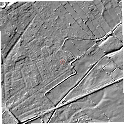 Shaded relief map of the ground around CH477BH, computed from Environment Agency LiDAR. The ground here sits at about 5 m above sea level and falls 6 m across the surrounding 800 m. Surface water reaching this point runs off ground lying to the north-west, 1.7 m higher.