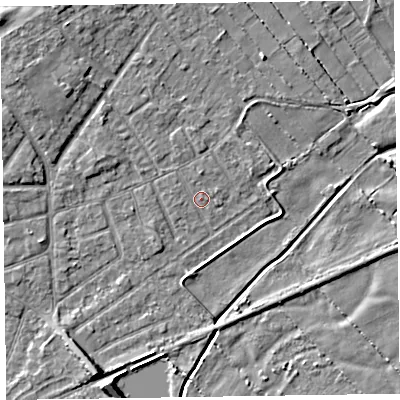 Shaded relief map of the ground around CH477BL, computed from Environment Agency LiDAR. The ground here sits at about 5 m above sea level and falls 6 m across the surrounding 800 m. Surface water reaching this point runs off ground lying to the west-north-west, 0.6 m higher.