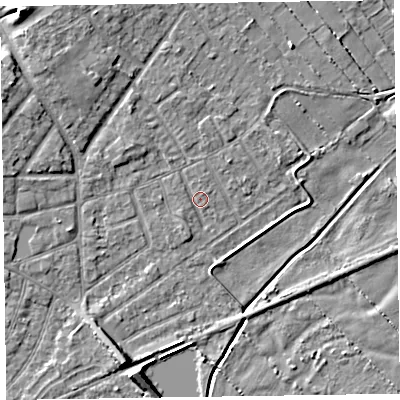 Shaded relief map of the ground around CH477BN, computed from Environment Agency LiDAR. The ground here sits at about 5 m above sea level and falls 7 m across the surrounding 800 m. Surface water reaching this point runs off ground lying to the north-west, 3.8 m higher.