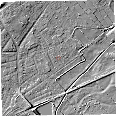 Shaded relief map of the ground around CH477BP, computed from Environment Agency LiDAR. The ground here sits at about 5 m above sea level and falls 7 m across the surrounding 800 m. Surface water reaching this point runs off ground lying to the north-west, 0.6 m higher.