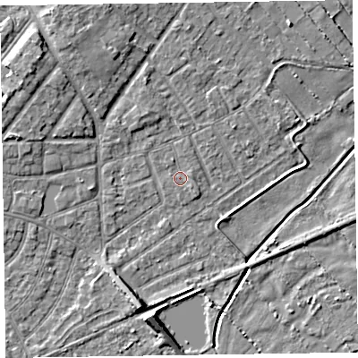 Shaded relief map of the ground around CH477BR, computed from Environment Agency LiDAR. The ground here sits at about 5 m above sea level and falls 6 m across the surrounding 800 m. Surface water reaching this point runs off ground lying to the north-north-west, 1.6 m higher.