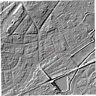 Shaded relief map of the ground around CH477BS, computed from Environment Agency LiDAR. The ground here sits at about 5 m above sea level and falls 7 m across the surrounding 800 m. Surface water reaching this point runs off ground lying to the west-north-west, 4.1 m higher.