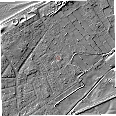 Shaded relief map of the ground around CH477BU, computed from Environment Agency LiDAR. The ground here sits at about 5 m above sea level and falls 8 m across the surrounding 800 m. The ground contributing surface water to this point lies to the south.