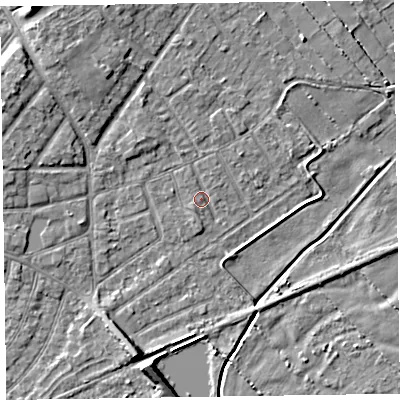 Shaded relief map of the ground around CH477BW, computed from Environment Agency LiDAR. The ground here sits at about 5 m above sea level and falls 7 m across the surrounding 800 m. Surface water reaching this point runs off ground lying to the north-west, 3.8 m higher.