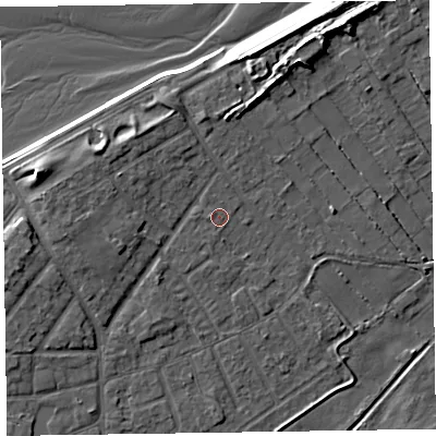 Shaded relief map of the ground around CH477BX, computed from Environment Agency LiDAR. The ground here sits at about 6 m above sea level and falls 9 m across the surrounding 800 m. Surface water reaching this point runs off ground lying to the north-west, 0.6 m higher.