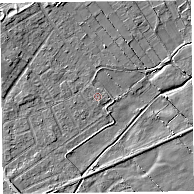 Shaded relief map of the ground around CH477BY, computed from Environment Agency LiDAR. The ground here sits at about 5 m above sea level and falls 6 m across the surrounding 800 m. Surface water reaching this point runs off ground lying to the north-north-west, 0.8 m higher.
