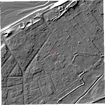 Shaded relief map of the ground around CH477BZ, computed from Environment Agency LiDAR. The ground here sits at about 6 m above sea level and falls 9 m across the surrounding 800 m. Surface water reaching this point runs off ground lying to the north-north-west, 0.9 m higher.