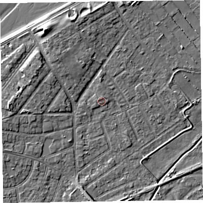 Shaded relief map of the ground around CH477DA, computed from Environment Agency LiDAR. The ground here sits at about 6 m above sea level and falls 9 m across the surrounding 800 m. Surface water reaching this point runs off ground lying to the south-south-west, 0.7 m higher.