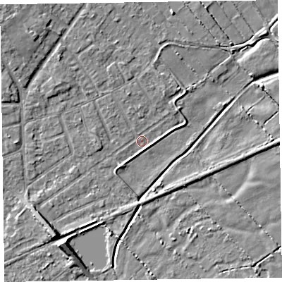 Shaded relief map of the ground around CH478XR, computed from Environment Agency LiDAR. The ground here sits at about 5 m above sea level and falls 6 m across the surrounding 800 m. Surface water reaching this point runs off ground lying to the north-north-west, 2.7 m higher.