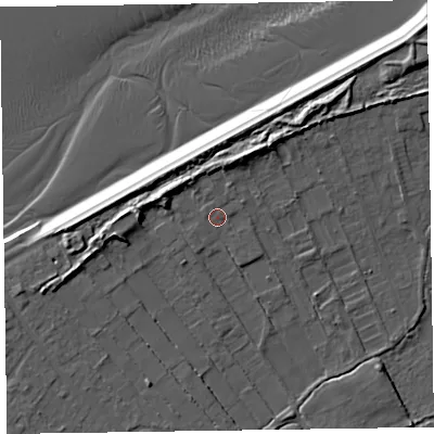 Shaded relief map of the ground around CH478XT, computed from Environment Agency LiDAR. The ground here sits at about 7 m above sea level and falls 10 m across the surrounding 800 m. Surface water reaching this point runs off ground lying to the north, 2.9 m higher.