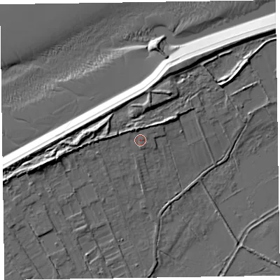 Shaded relief map of the ground around CH478XX, computed from Environment Agency LiDAR. The ground here sits at about 7 m above sea level and falls 11 m across the surrounding 800 m. Surface water reaching this point runs off ground lying to the north-north-west, 2.6 m higher.