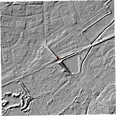 Shaded relief map of the ground around CH479RA, computed from Environment Agency LiDAR. The ground here sits at about 7 m above sea level and falls 6 m across the surrounding 800 m. Surface water reaching this point runs off ground lying to the south-south-west, 5.0 m higher.