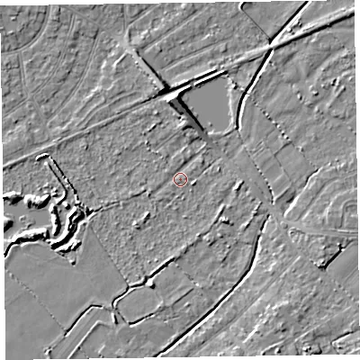 Shaded relief map of the ground around CH479RD, computed from Environment Agency LiDAR. The ground here sits at about 5 m above sea level and falls 6 m across the surrounding 800 m. Surface water reaching this point runs off ground lying to the north, 5.1 m higher.