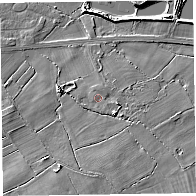 Shaded relief map of the ground around CH479RE, computed from Environment Agency LiDAR. The ground here sits at about 9 m above sea level and falls 9 m across the surrounding 800 m. Surface water reaching this point runs off ground lying to the south-east, 4.3 m higher.