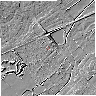 Shaded relief map of the ground around CH479RG, computed from Environment Agency LiDAR. The ground here sits at about 5 m above sea level and falls 6 m across the surrounding 800 m. Surface water reaching this point runs off ground lying to the north, 5.1 m higher.