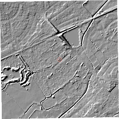 Shaded relief map of the ground around CH479RH, computed from Environment Agency LiDAR. The ground here sits at about 5 m above sea level and falls 6 m across the surrounding 800 m. Surface water reaching this point runs off ground lying to the north, 5.1 m higher.