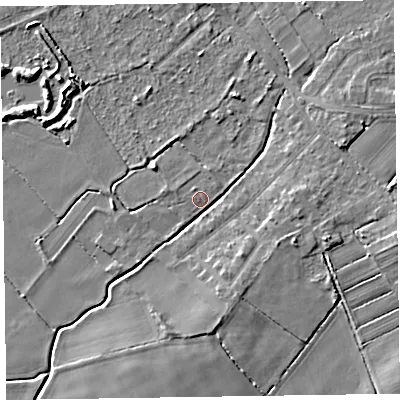 Shaded relief map of the ground around CH479RL, computed from Environment Agency LiDAR. The ground here sits at about 5 m above sea level and falls 4 m across the surrounding 800 m. Surface water reaching this point runs off ground lying to the east, 3.6 m higher.