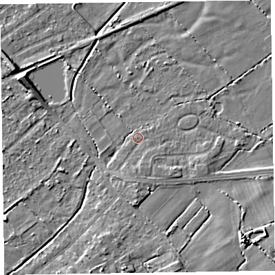 Shaded relief map of the ground around CH479RN, computed from Environment Agency LiDAR. The ground here sits at about 5 m above sea level and falls 6 m across the surrounding 800 m. Surface water reaching this point runs off ground lying to the south-south-west, 1.5 m higher.