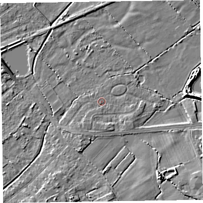 Shaded relief map of the ground around CH479RP, computed from Environment Agency LiDAR. The ground here sits at about 5 m above sea level and falls 6 m across the surrounding 800 m. Surface water reaching this point runs off ground lying to the south-west, 1.7 m higher.
