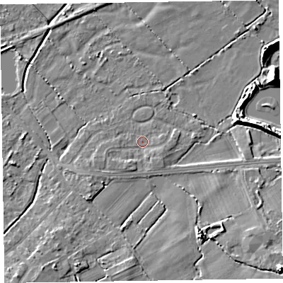 Shaded relief map of the ground around CH479RS, computed from Environment Agency LiDAR. The ground here sits at about 5 m above sea level and falls 12 m across the surrounding 800 m. Surface water reaching this point runs off ground lying to the south-west, 2.1 m higher.