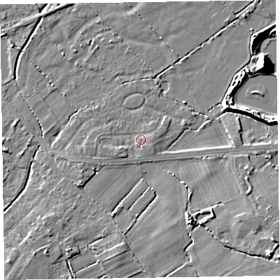 Shaded relief map of the ground around CH479RT, computed from Environment Agency LiDAR. The ground here sits at about 6 m above sea level and falls 12 m across the surrounding 800 m. Surface water reaching this point runs off ground lying to the west-south-west, 2.1 m higher.