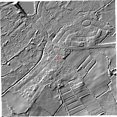 Shaded relief map of the ground around CH479RU, computed from Environment Agency LiDAR. The ground here sits at about 6 m above sea level and falls 6 m across the surrounding 800 m. Surface water reaching this point runs off ground lying to the south-east, 1.8 m higher.