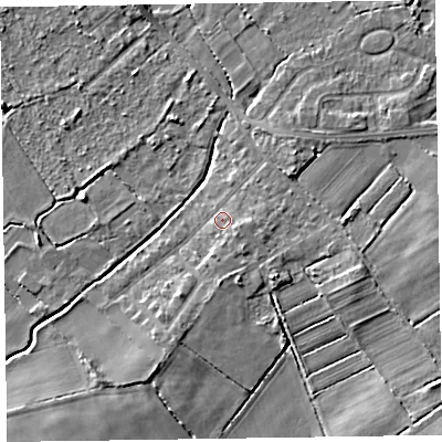 Shaded relief map of the ground around CH479RY, computed from Environment Agency LiDAR. The ground here sits at about 6 m above sea level and falls 5 m across the surrounding 800 m. Surface water reaching this point runs off ground lying to the east-south-east, 1.8 m higher.