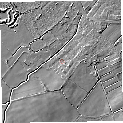 Shaded relief map of the ground around CH479RZ, computed from Environment Agency LiDAR. The ground here sits at about 5 m above sea level and falls 4 m across the surrounding 800 m. Surface water reaching this point runs off ground lying to the east-north-east, 2.5 m higher.