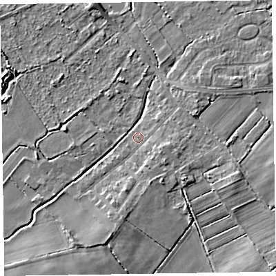 Shaded relief map of the ground around CH479SA, computed from Environment Agency LiDAR. The ground here sits at about 6 m above sea level and falls 5 m across the surrounding 800 m. Surface water reaching this point runs off ground lying to the east-south-east, 1.8 m higher.
