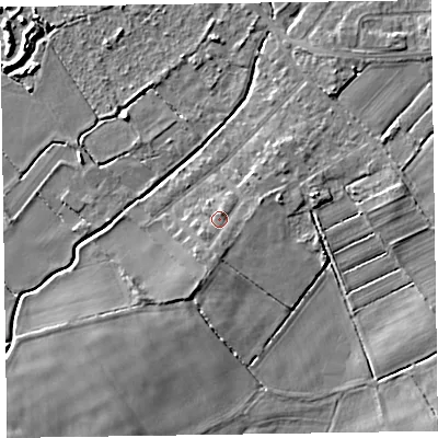 Shaded relief map of the ground around CH479SF, computed from Environment Agency LiDAR. The ground here sits at about 7 m above sea level and falls 5 m across the surrounding 800 m. Surface water reaching this point runs off ground lying to the south, 1.1 m higher.