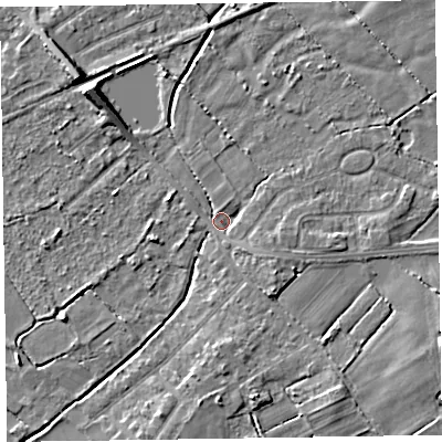 Shaded relief map of the ground around CH479SH, computed from Environment Agency LiDAR. The ground here sits at about 5 m above sea level and falls 6 m across the surrounding 800 m. Surface water reaching this point runs off ground lying to the south-south-east, 2.1 m higher.