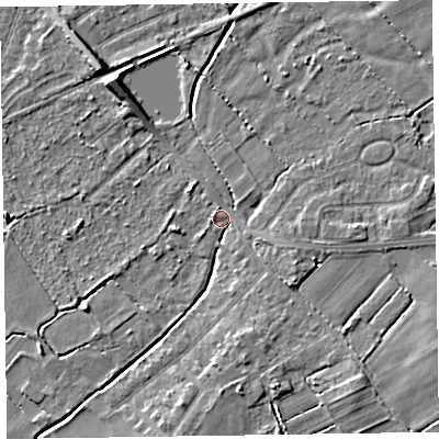 Shaded relief map of the ground around CH479SJ, computed from Environment Agency LiDAR. The ground here sits at about 5 m above sea level and falls 6 m across the surrounding 800 m. Surface water reaching this point runs off ground lying to the south-east, 3.8 m higher.