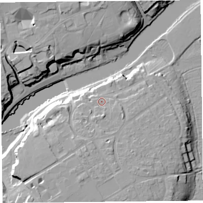 Shaded relief map of the ground around CH47AX, computed from Environment Agency LiDAR. The ground here sits at about 14 m above sea level and falls 20 m across the surrounding 800 m. Surface water reaching this point runs off ground lying to the south-south-west, 3.8 m higher.