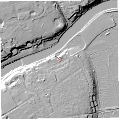 Shaded relief map of the ground around CH47BB, computed from Environment Agency LiDAR. The ground here sits at about 13 m above sea level and falls 19 m across the surrounding 800 m. Surface water reaching this point runs off ground lying to the south, 3.5 m higher.