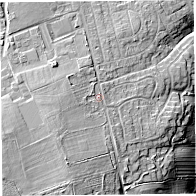 Shaded relief map of the ground around CH47EW, computed from Environment Agency LiDAR. The ground here sits at about 23 m above sea level and falls 25 m across the surrounding 800 m. Surface water reaching this point runs off ground lying to the west-south-west, 3.5 m higher.