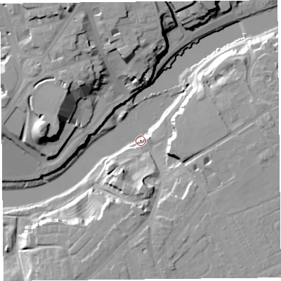 Shaded relief map of the ground around CH47JB, computed from Environment Agency LiDAR. The ground here sits at about 6 m above sea level and falls 25 m across the surrounding 800 m. Surface water reaching this point runs off ground lying to the north-north-west, 20.8 m higher.