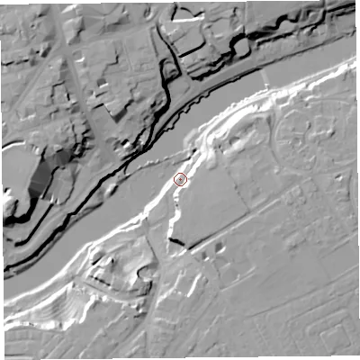 Shaded relief map of the ground around CH47JJ, computed from Environment Agency LiDAR. The ground here sits at about 7 m above sea level and falls 25 m across the surrounding 800 m. Surface water reaching this point runs off ground lying to the east-south-east, 16.3 m higher.
