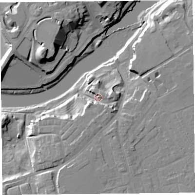 Shaded relief map of the ground around CH47JS, computed from Environment Agency LiDAR. The ground here sits at about 15 m above sea level and falls 25 m across the surrounding 800 m. Surface water reaching this point runs off ground lying to the south-east, 8.8 m higher.
