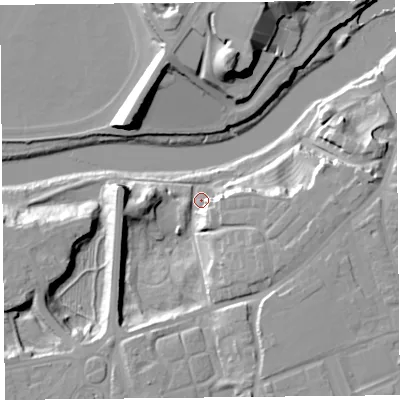 Shaded relief map of the ground around CH47JT, computed from Environment Agency LiDAR. The ground here sits at about 7 m above sea level and falls 25 m across the surrounding 800 m. Surface water reaching this point runs off ground lying to the south-south-east, 17.1 m higher.