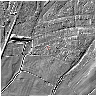 Shaded relief map of the ground around CH47NP, computed from Environment Agency LiDAR. The ground here sits at about 6 m above sea level and falls 9 m across the surrounding 800 m. Surface water reaching this point runs off ground lying to the east, 1.6 m higher.