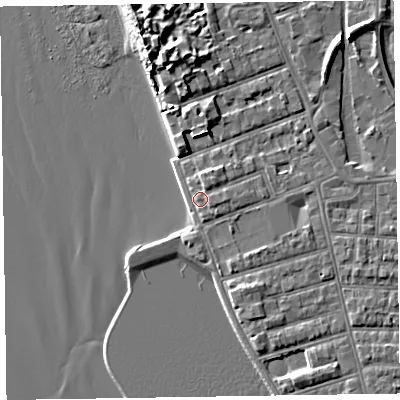 Shaded relief map of the ground around CH480QG, computed from Environment Agency LiDAR. The ground here sits at about 7 m above sea level and falls 9 m across the surrounding 800 m. Surface water reaching this point runs off ground lying to the north-north-east, 2.1 m higher.