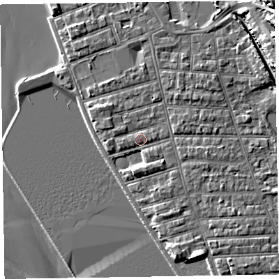 Shaded relief map of the ground around CH480QT, computed from Environment Agency LiDAR. The ground here sits at about 7 m above sea level and falls 15 m across the surrounding 800 m. Surface water reaching this point runs off ground lying to the east, 0.9 m higher.