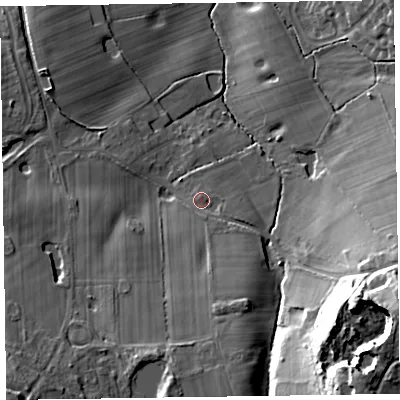 Shaded relief map of the ground around CH481NS, computed from Environment Agency LiDAR. The ground here sits at about 36 m above sea level and falls 41 m across the surrounding 800 m. Surface water reaching this point runs off ground lying to the south, 1.6 m higher.