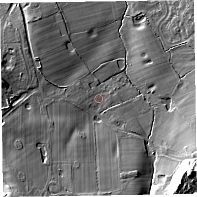 Shaded relief map of the ground around CH481NW, computed from Environment Agency LiDAR. The ground here sits at about 33 m above sea level and falls 34 m across the surrounding 800 m. Surface water reaching this point runs off ground lying to the south-south-west, 17.1 m higher.
