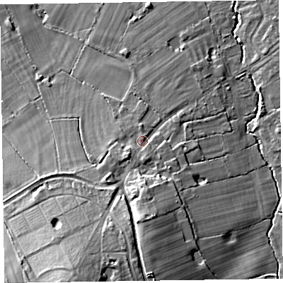 Shaded relief map of the ground around CH481PE, computed from Environment Agency LiDAR. The ground here sits at about 28 m above sea level and falls 25 m across the surrounding 800 m. Surface water reaching this point runs off ground lying to the south-south-west, 15.8 m higher.