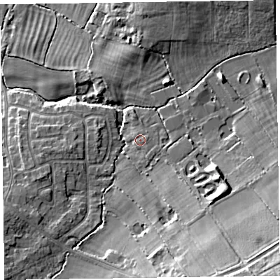 Shaded relief map of the ground around CH481PL, computed from Environment Agency LiDAR. The ground here sits at about 19 m above sea level and falls 18 m across the surrounding 800 m. Surface water reaching this point runs off ground lying to the east-north-east, 0.9 m higher.