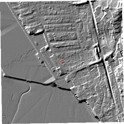 Shaded relief map of the ground around CH483HU, computed from Environment Agency LiDAR. The ground here sits at about 7 m above sea level and falls 21 m across the surrounding 800 m. Surface water reaching this point runs off ground lying to the east, 2.8 m higher.