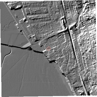 Shaded relief map of the ground around CH483JB, computed from Environment Agency LiDAR. The ground here sits at about 8 m above sea level and falls 28 m across the surrounding 800 m. Surface water reaching this point runs off ground lying to the east, 2.8 m higher.